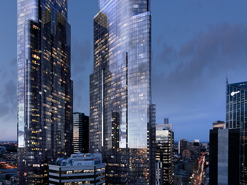 Queens place exterior elevated view in dusk