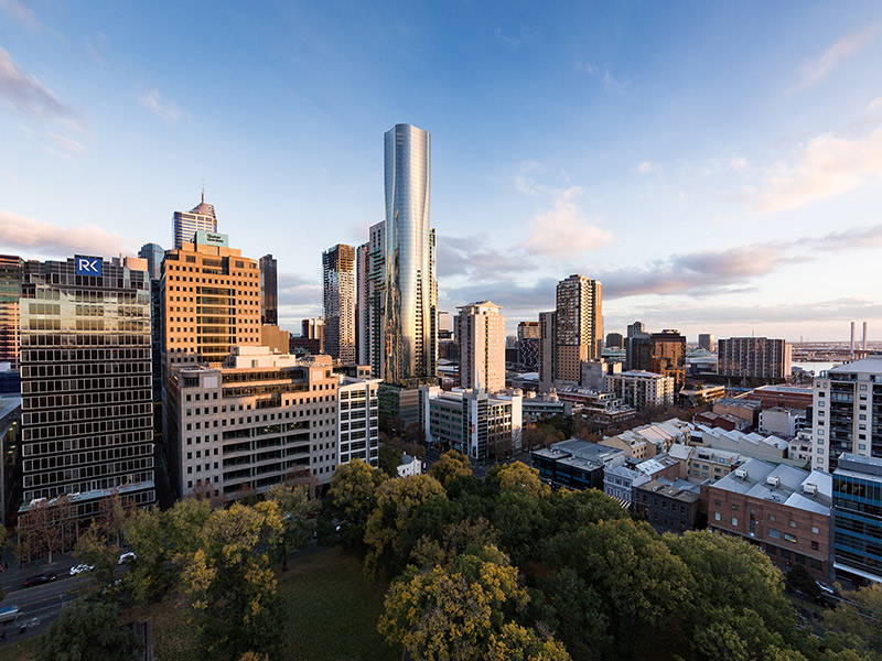 Aspire Melbourne - Exterior view over Flagstaff Gardens in sunset